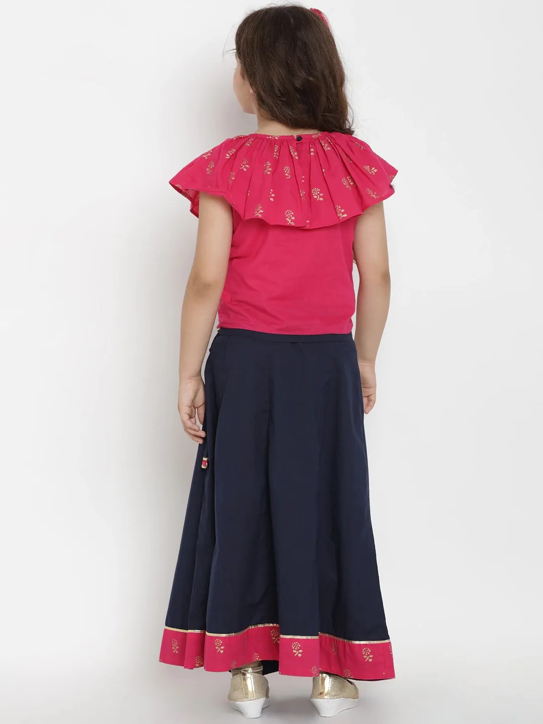 Girl's Pink Pink & Navy Blue Top & Skirt Set  - NOZ2TOZ KIDS