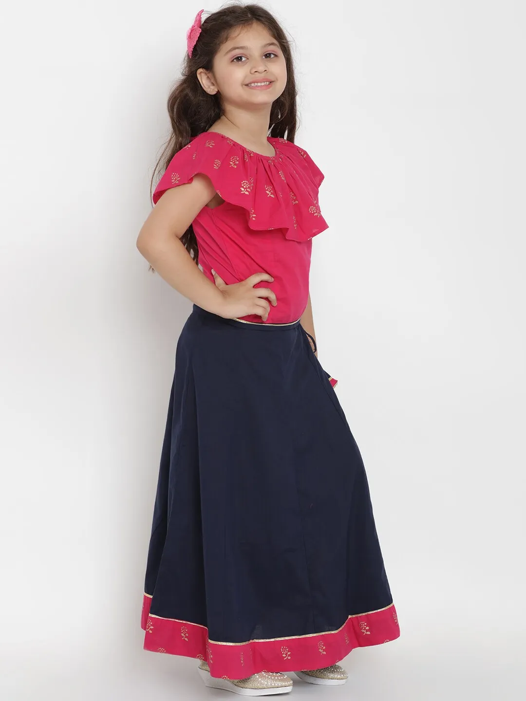 Girl's Pink Pink & Navy Blue Top & Skirt Set  - NOZ2TOZ KIDS