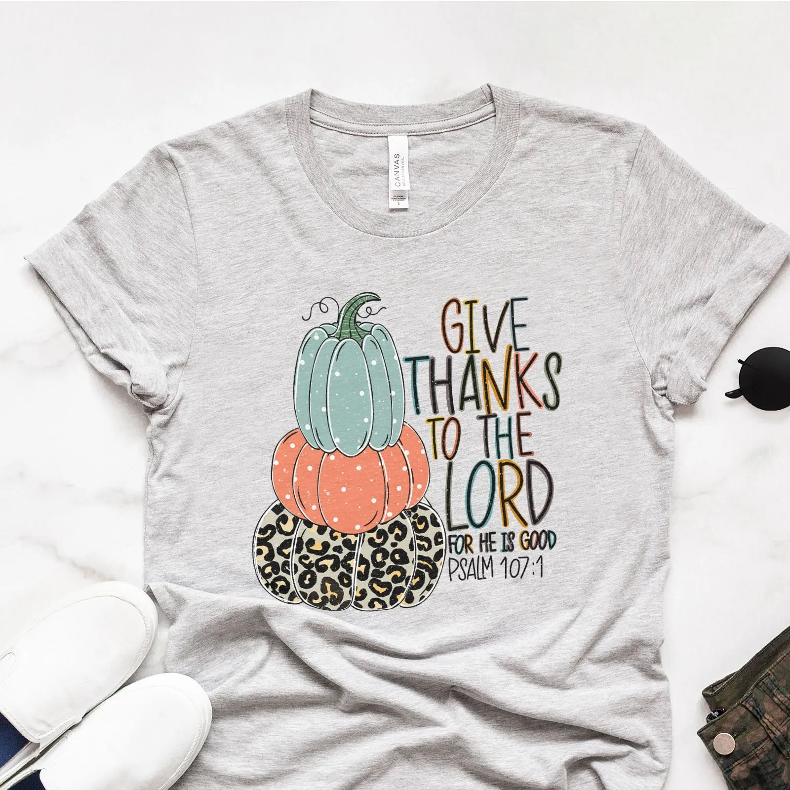 Give Thanks Psalm 107:1 Pumpkin Tee Shirts For Women - Christian Shirts for Women - Religious Tee Shirts