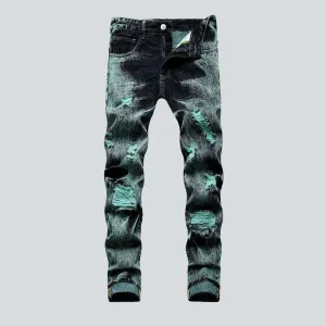 Green over-dyed jeans for men