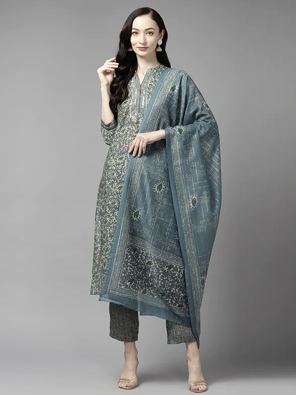 Grey Gotta-Patti Cotton Kurti Pant Set With Dupatta Set