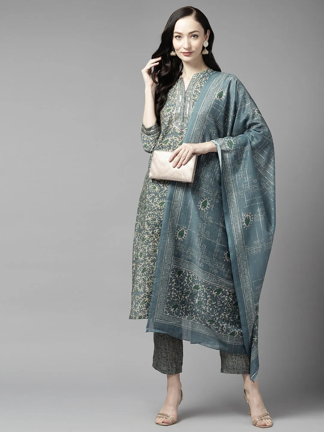 Grey Gotta-Patti Cotton Kurti Pant Set With Dupatta Set