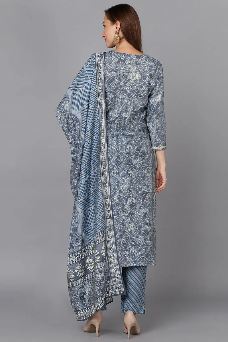 Grey Silk Blend Straight Kurta Pant With Dupatta