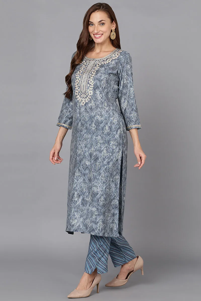 Grey Silk Blend Straight Kurta Pant With Dupatta