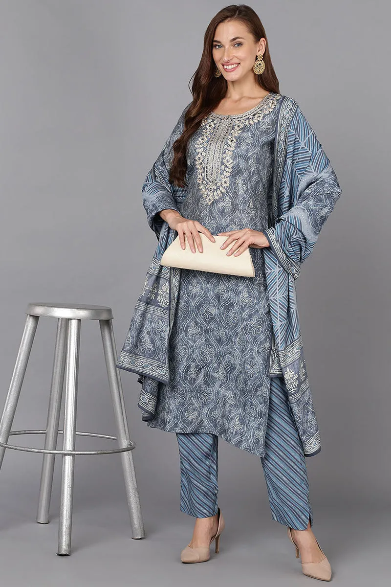 Grey Silk Blend Straight Kurta Pant With Dupatta