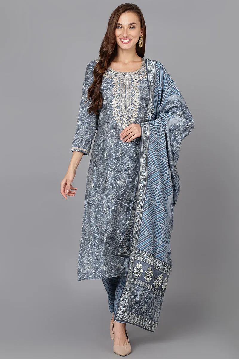 Grey Silk Blend Straight Kurta Pant With Dupatta