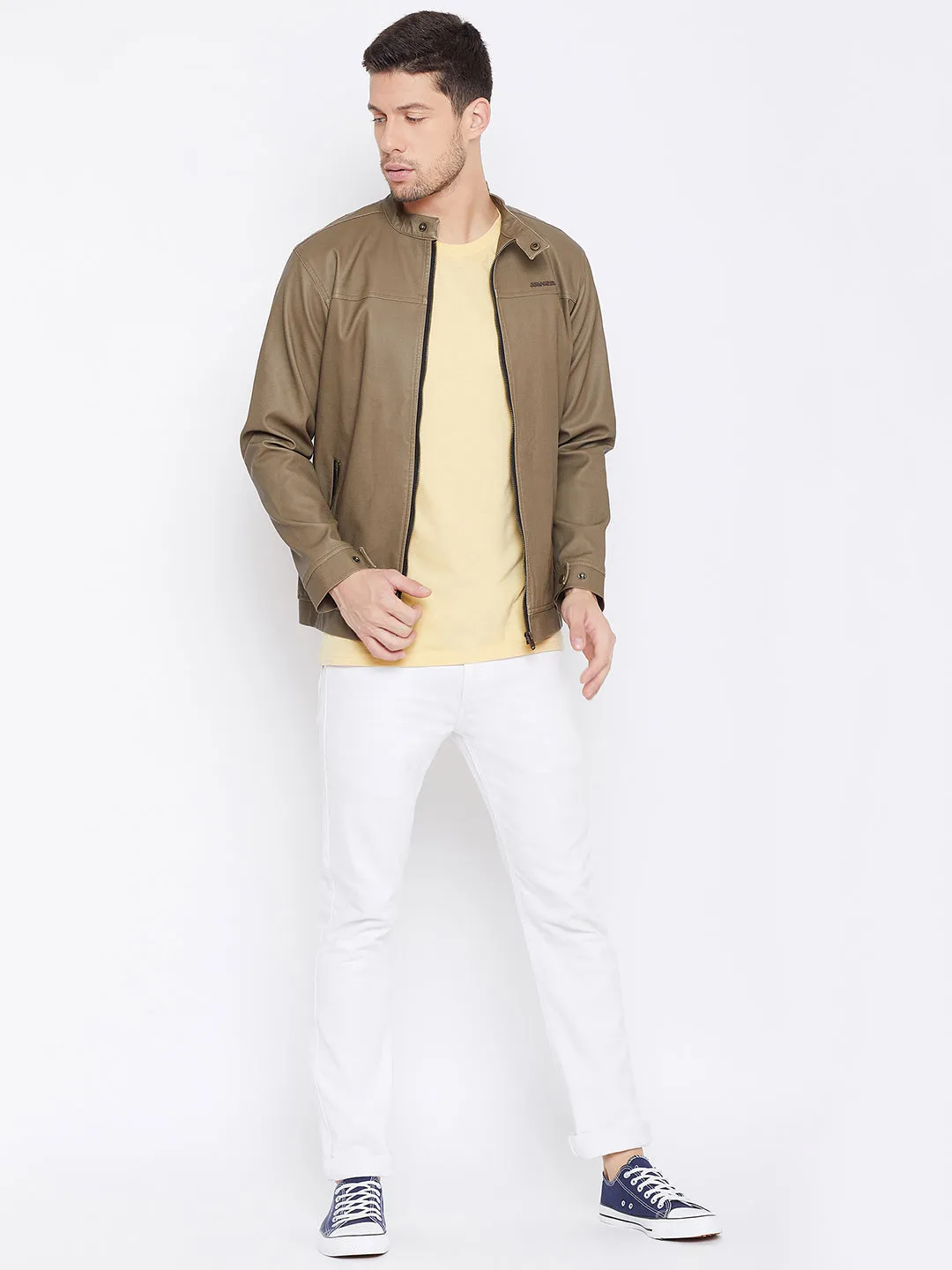 JUMP USA Men Khaki Casual Leather Jacket