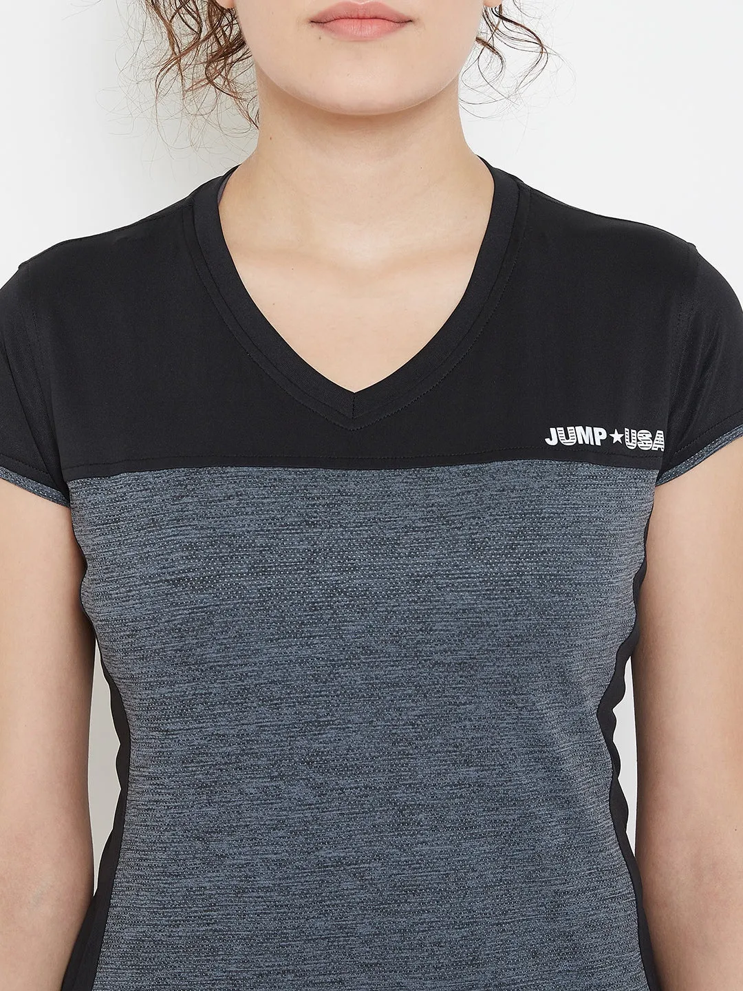 JUMP USA Women Black & Grey V-Neck Training T-shirt