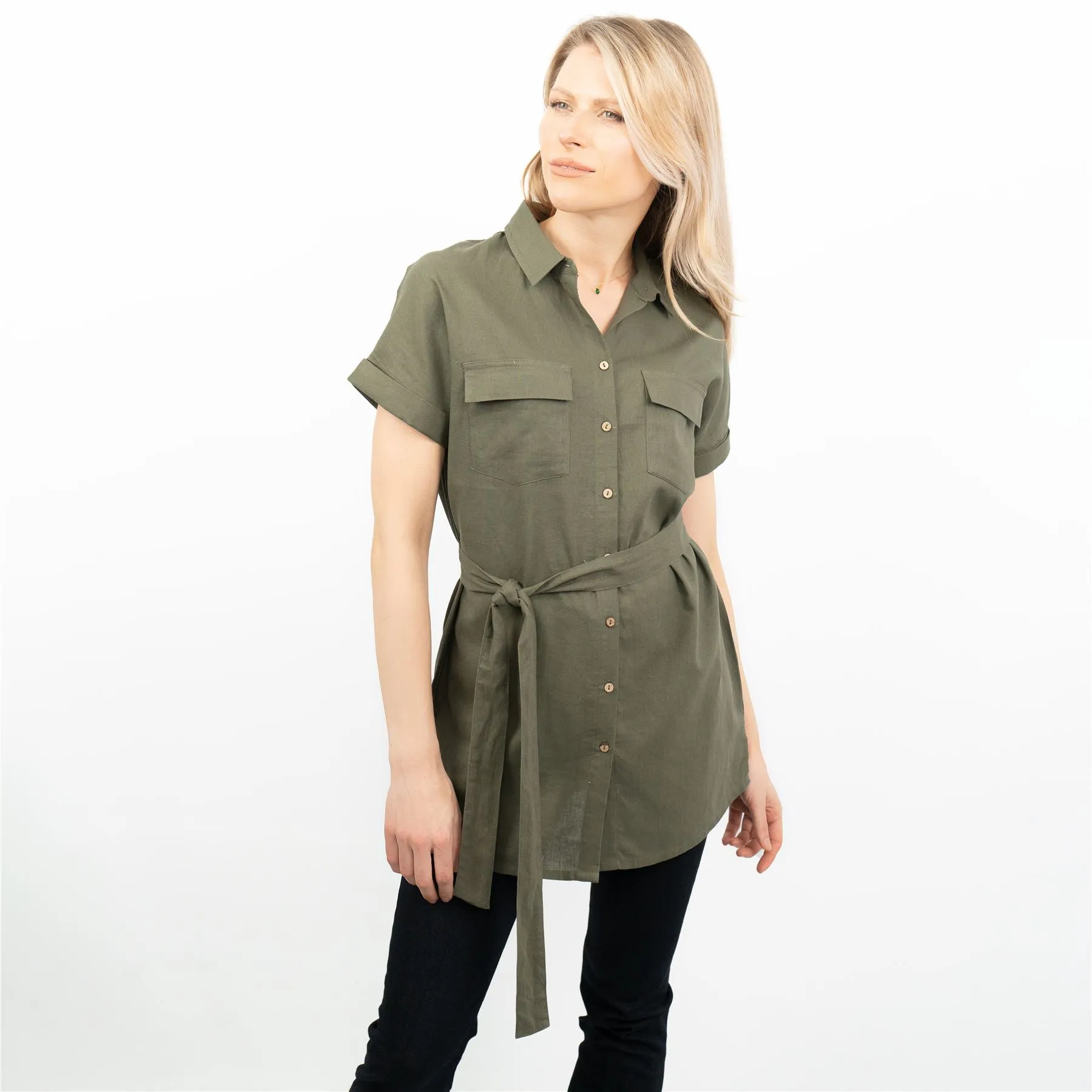 Khaki Green Short Sleeve Longline Shirts Utility Style Women's Tops