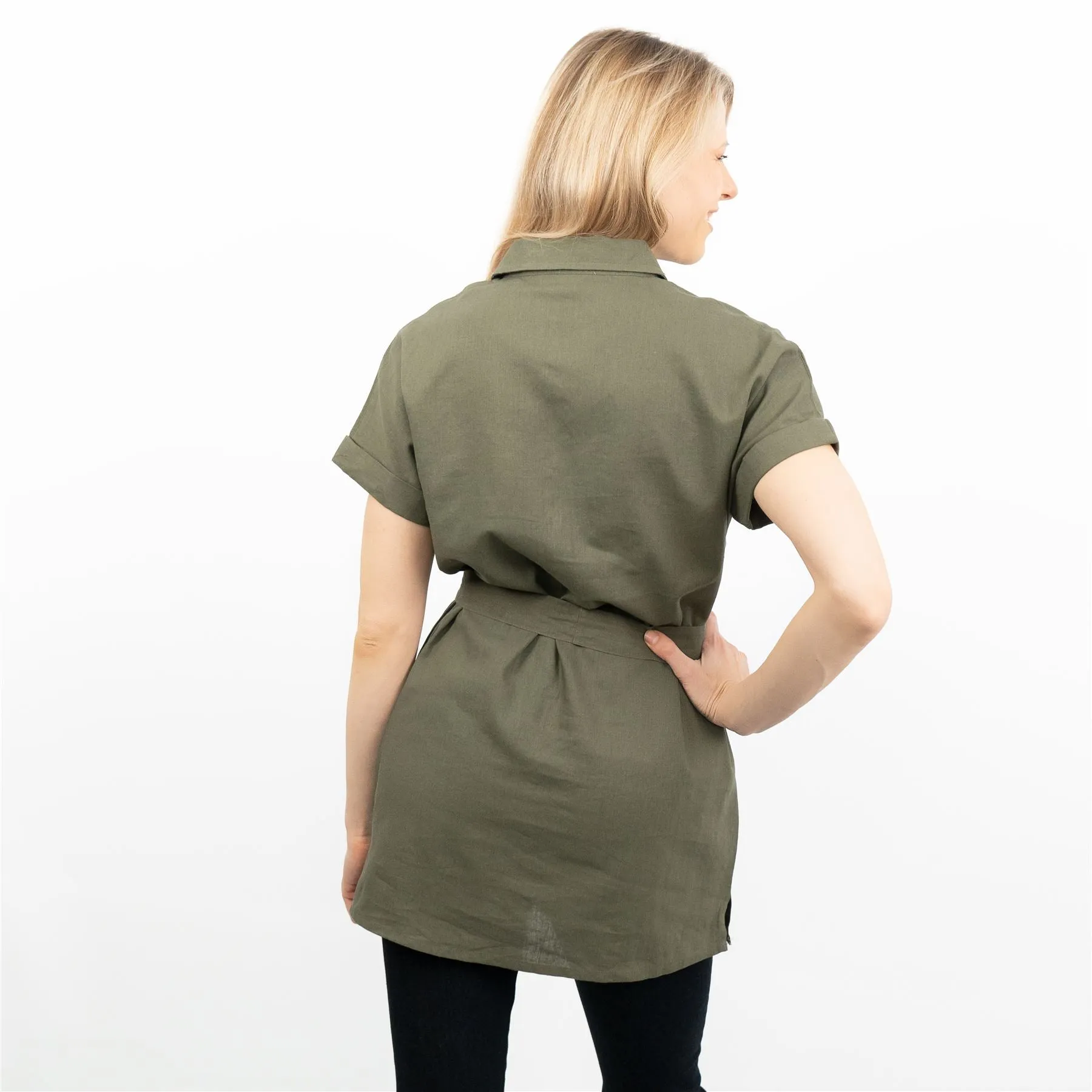 Khaki Green Short Sleeve Longline Shirts Utility Style Women's Tops