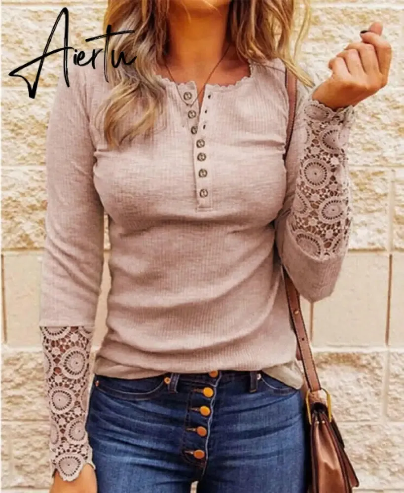 Lace Splicing Top Long Sleeve T Shirt Woman Button Slim Tops Tee Autumn Spring Patchwork Sleeve T-shirt Women Sexy Streetwear