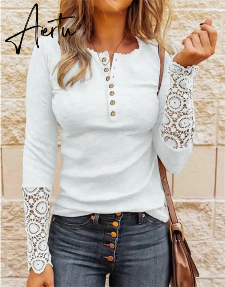 Lace Splicing Top Long Sleeve T Shirt Woman Button Slim Tops Tee Autumn Spring Patchwork Sleeve T-shirt Women Sexy Streetwear