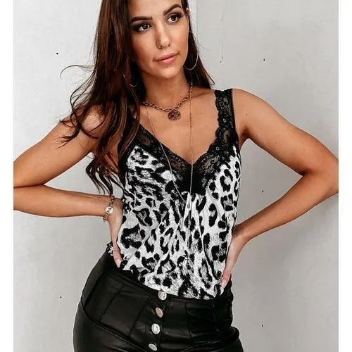 Lace Trimmed Strap Leopard Printed Tank Top