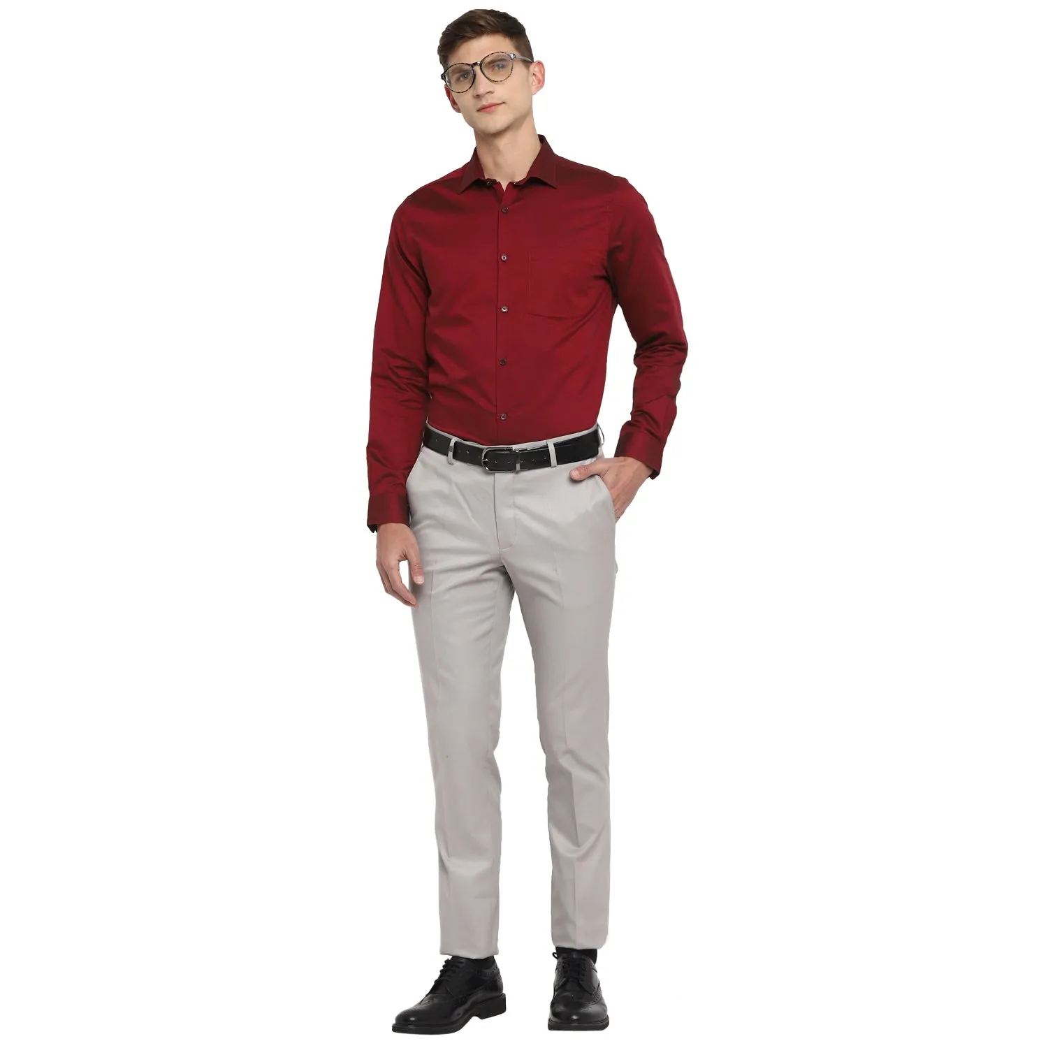 Maroon Cotton Solid Slim Fit Shirts