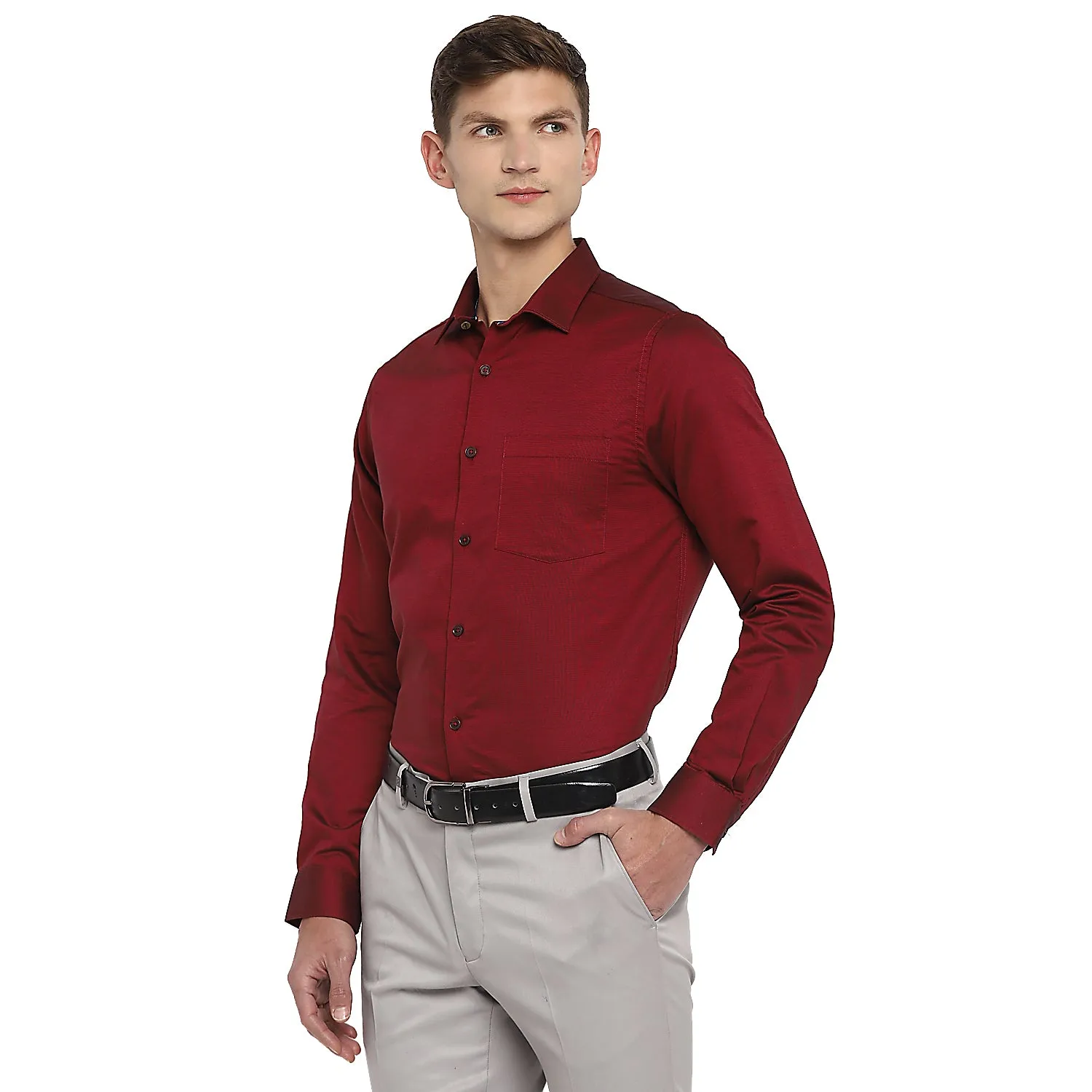 Maroon Cotton Solid Slim Fit Shirts