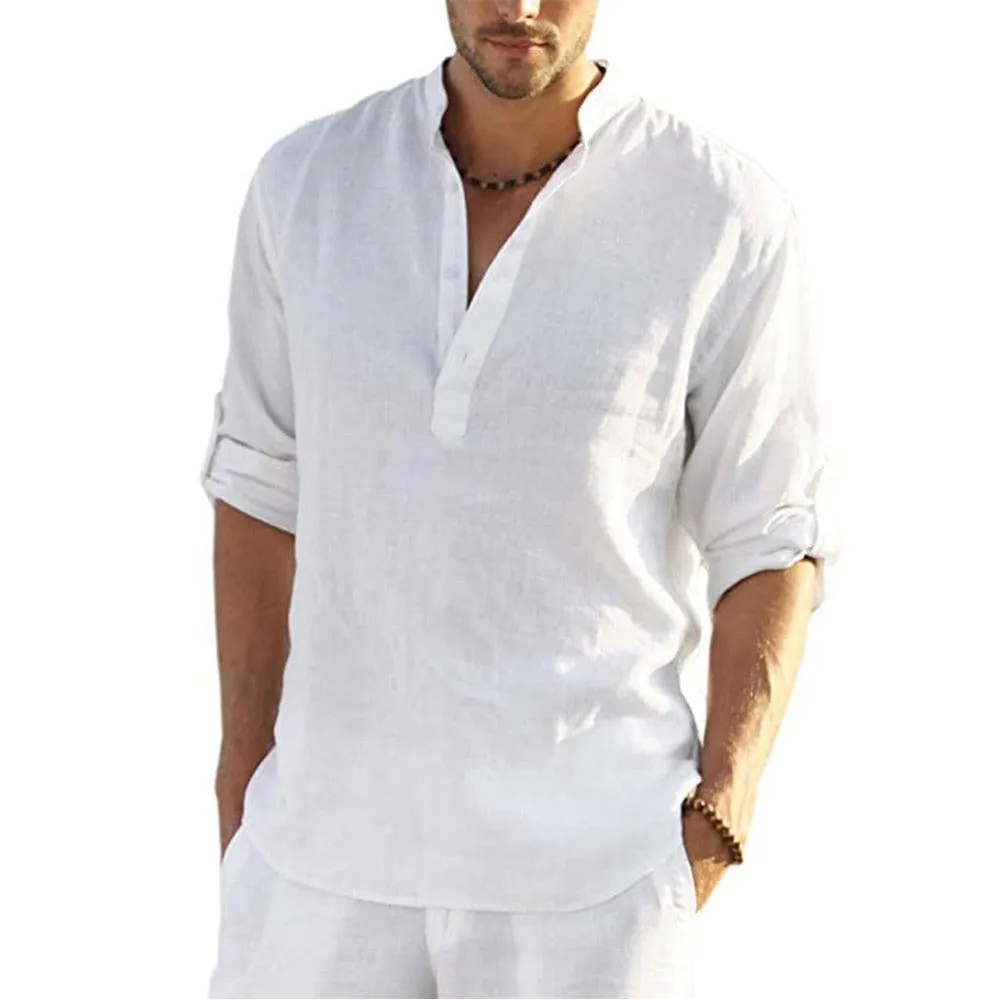 Men's Casual Cotton Linen Long Sleeve Shirt