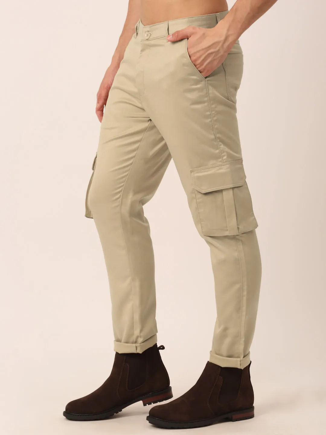 Men's Casual Cotton Solid Cargo Pants ( KGP 154 Beige ) - Jainish