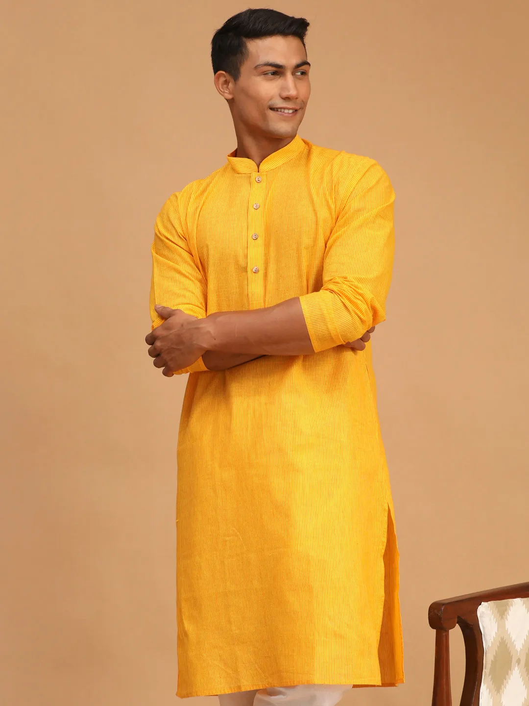 Men's Yellow Pure Cotton Kurta - Vastramay