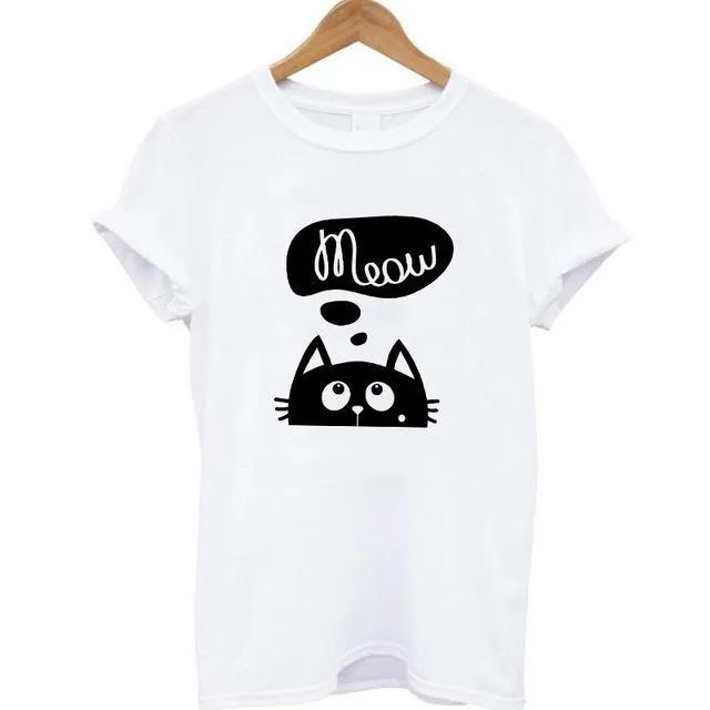 Meow Print Women Cat T-Shirt