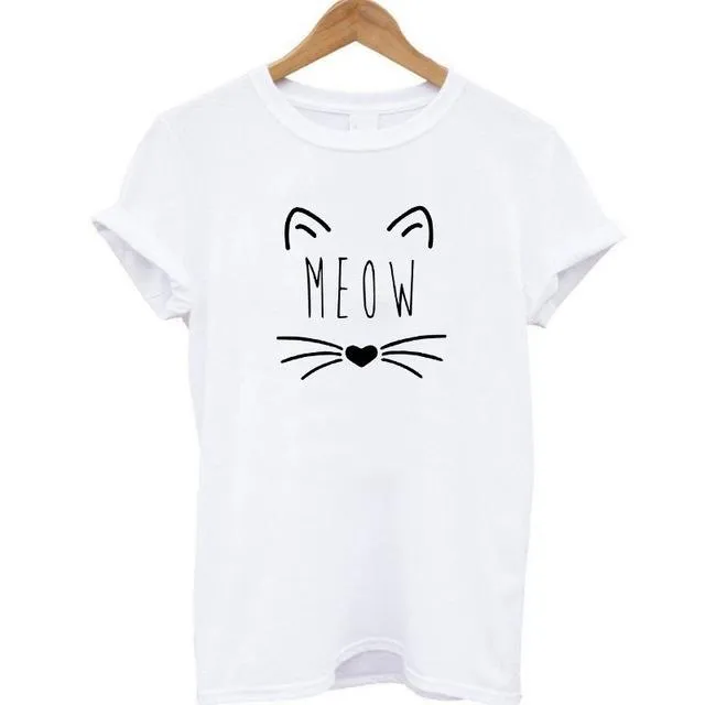 Meow Print Women Cat T-Shirt