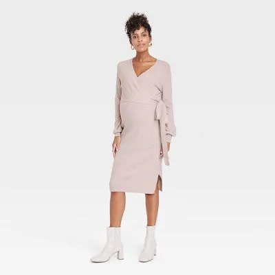 New - Isabel Maternity Women's Midi Sweater Dress Tie-Front Jersey Knit