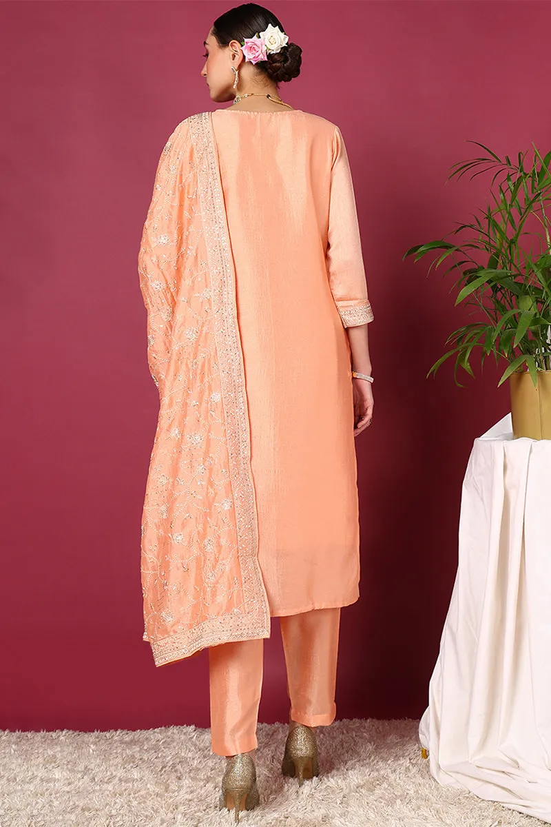 Peach Silk Blend Straight Kurta Pant With Dupatta