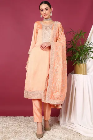 Peach Silk Blend Straight Kurta Pant With Dupatta