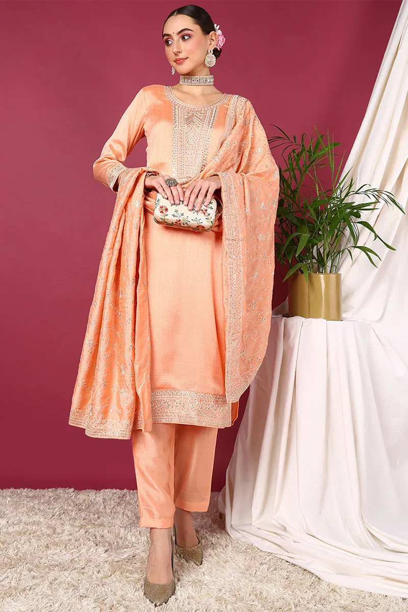 Peach Silk Blend Straight Kurta Pant With Dupatta