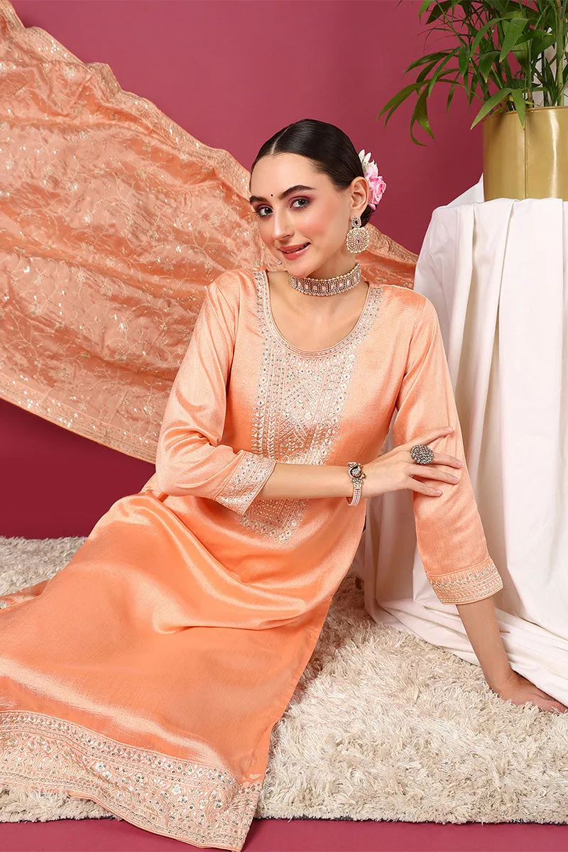 Peach Silk Blend Straight Kurta Pant With Dupatta