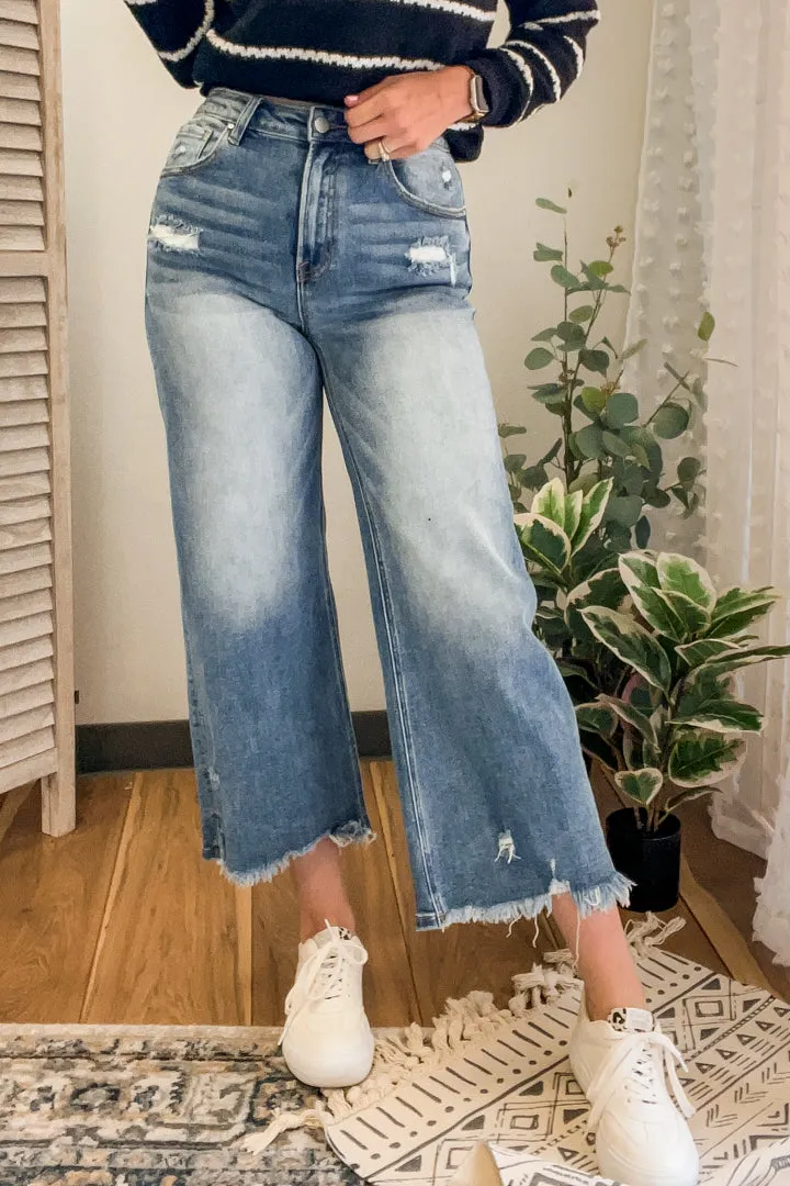 PLUS Frayed Hem Wide Leg Jeans