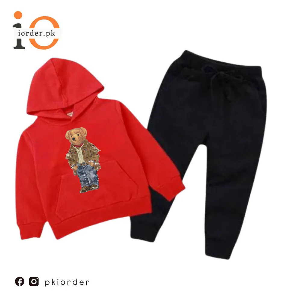 Red Versace Bear Printed Kids Hoodie Set