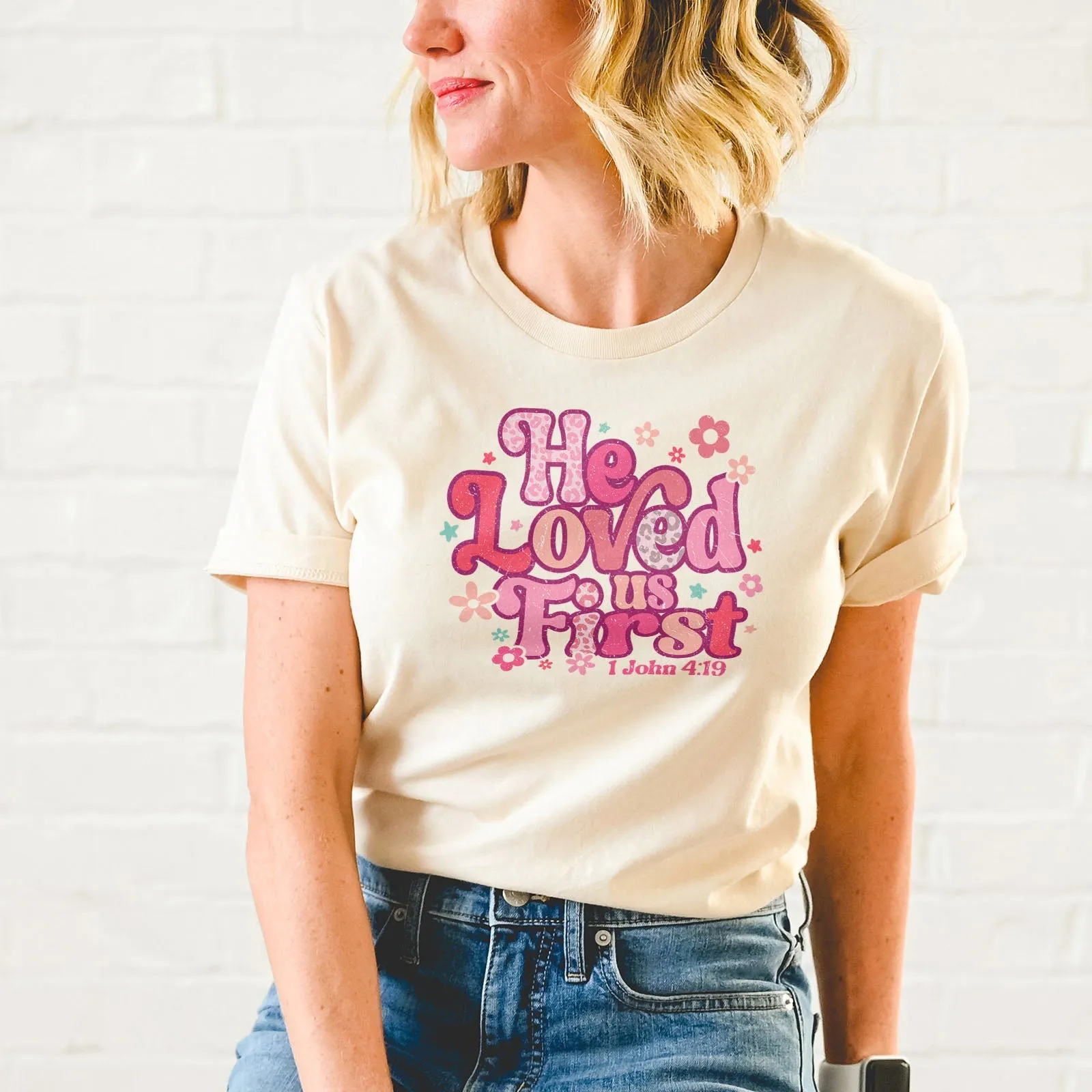 Retro Leopard He Loved Us First Tee Shirts For Women - Christian Shirts for Women - Religious Tee Shirts