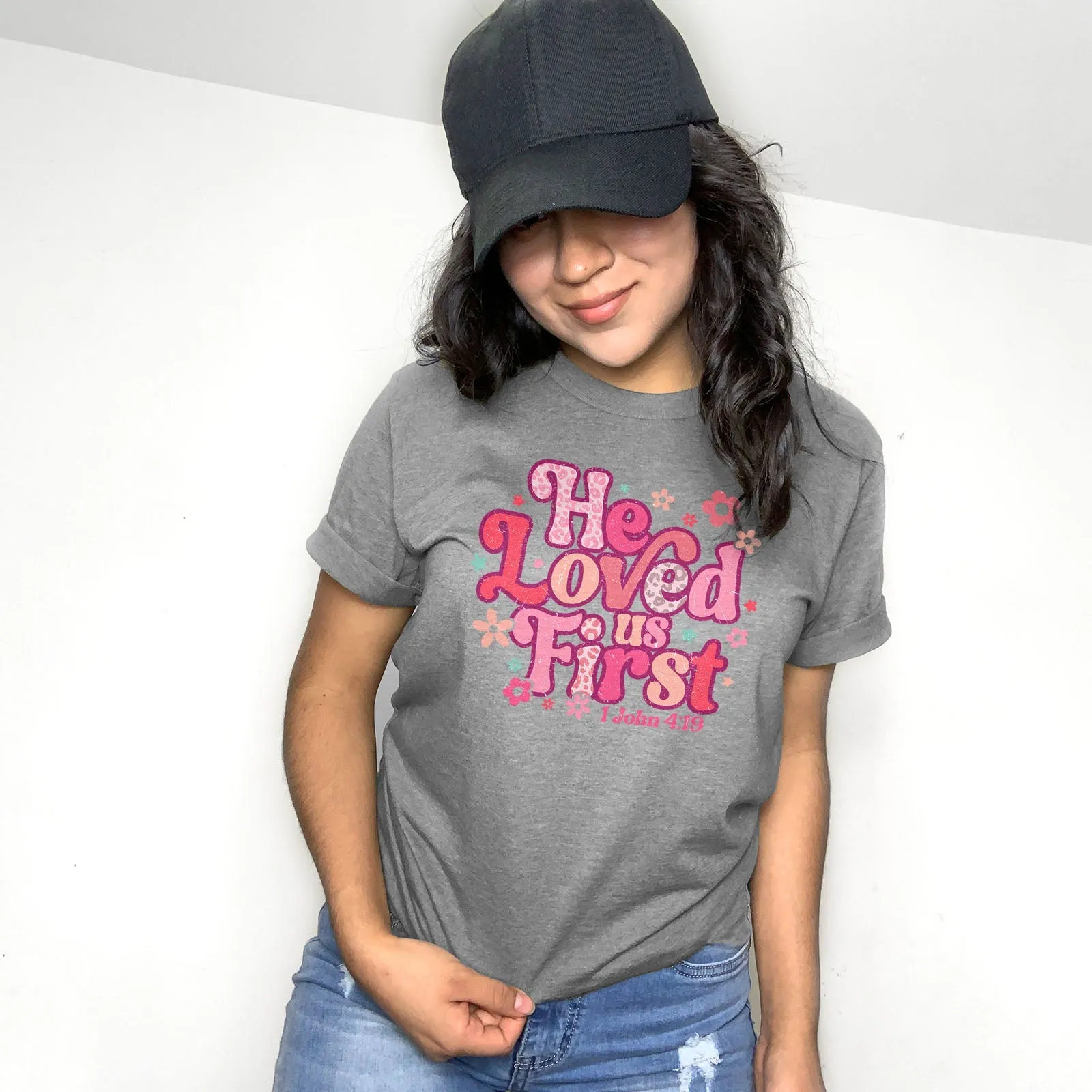 Retro Leopard He Loved Us First Tee Shirts For Women - Christian Shirts for Women - Religious Tee Shirts