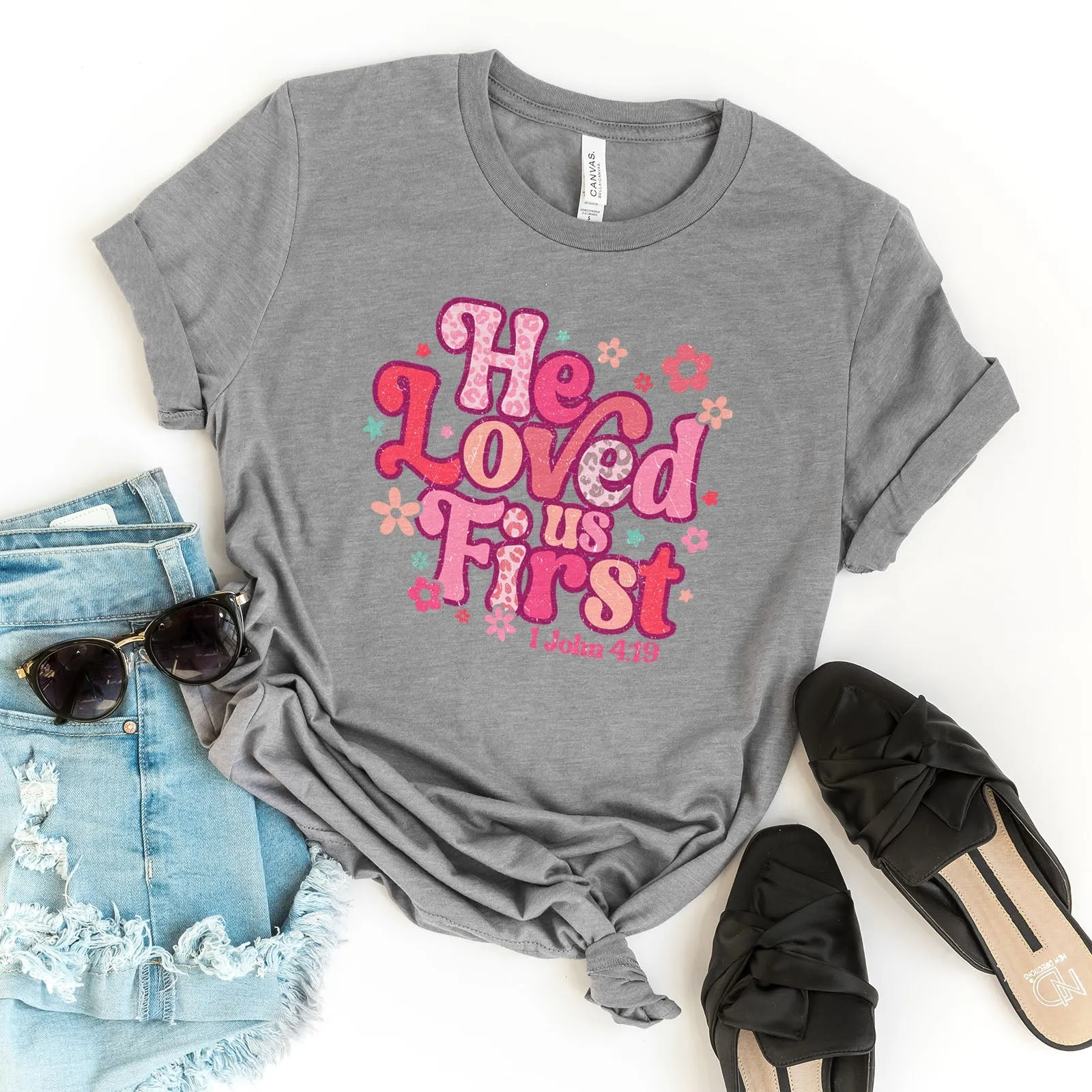 Retro Leopard He Loved Us First Tee Shirts For Women - Christian Shirts for Women - Religious Tee Shirts