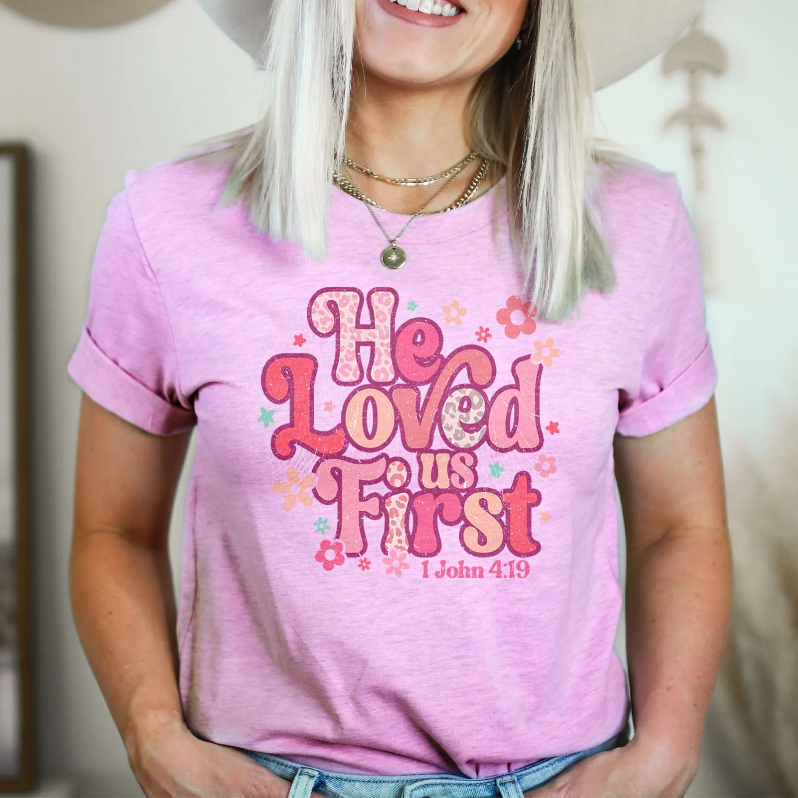 Retro Leopard He Loved Us First Tee Shirts For Women - Christian Shirts for Women - Religious Tee Shirts