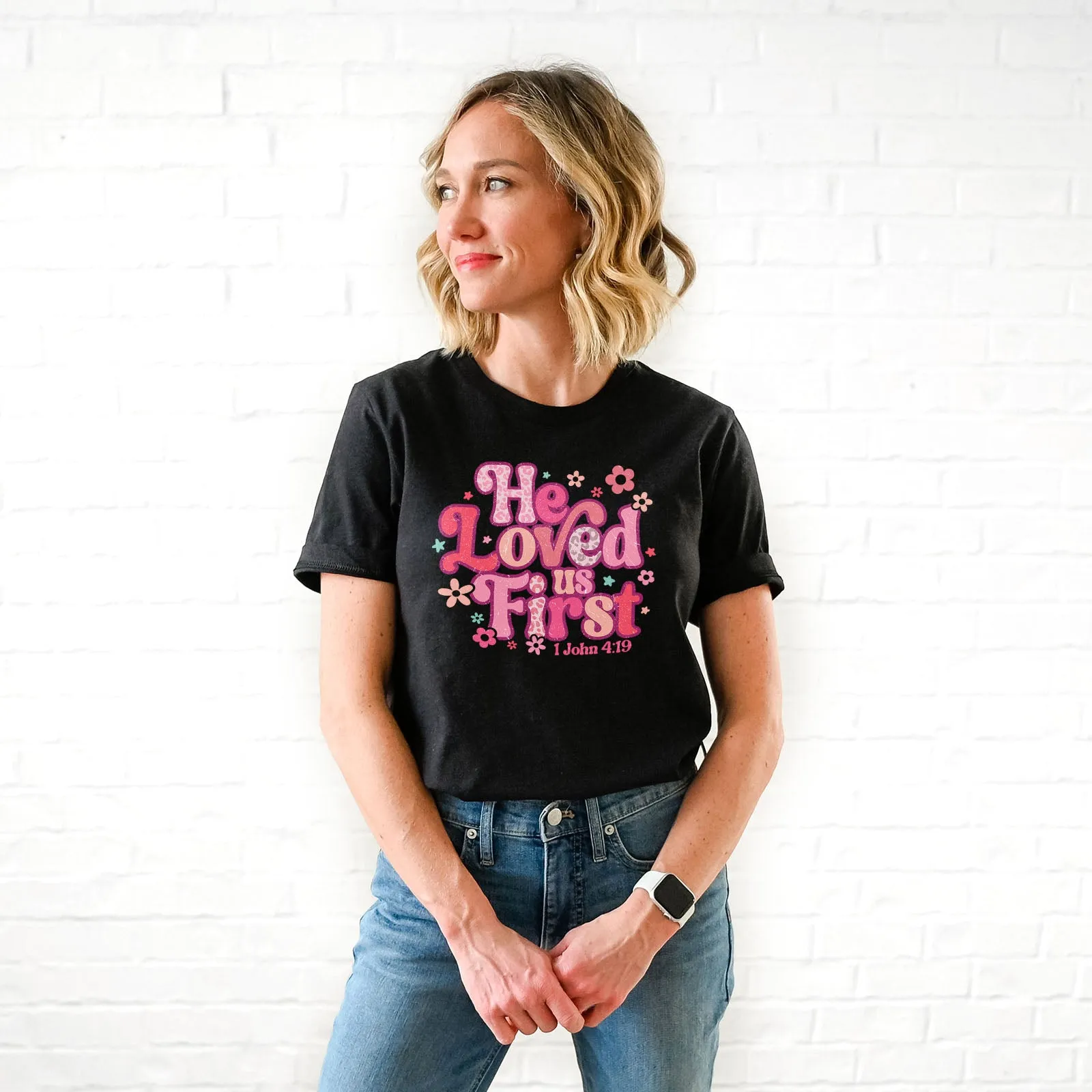 Retro Leopard He Loved Us First Tee Shirts For Women - Christian Shirts for Women - Religious Tee Shirts