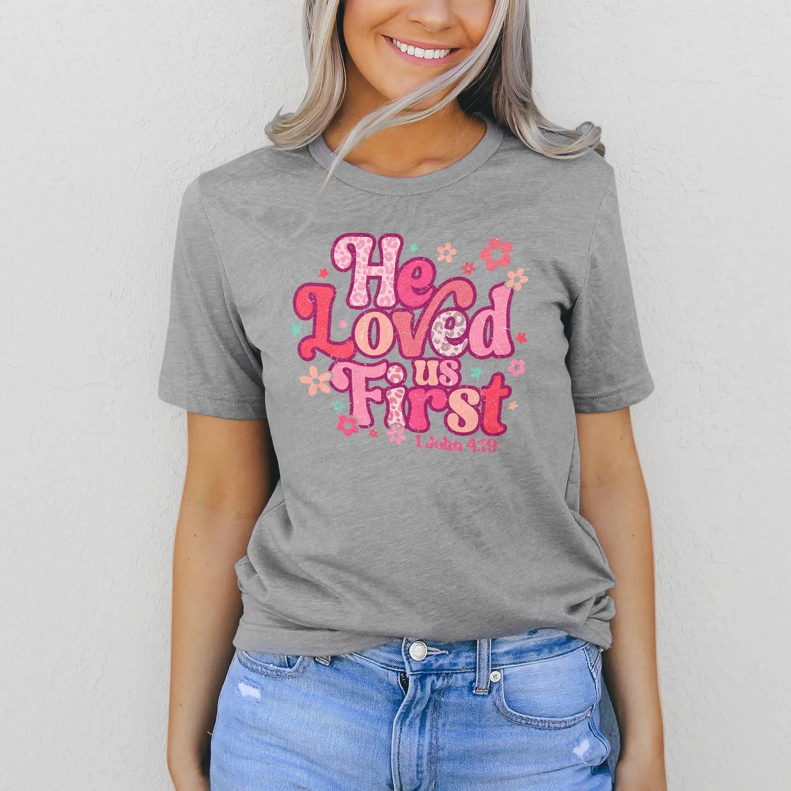 Retro Leopard He Loved Us First Tee Shirts For Women - Christian Shirts for Women - Religious Tee Shirts