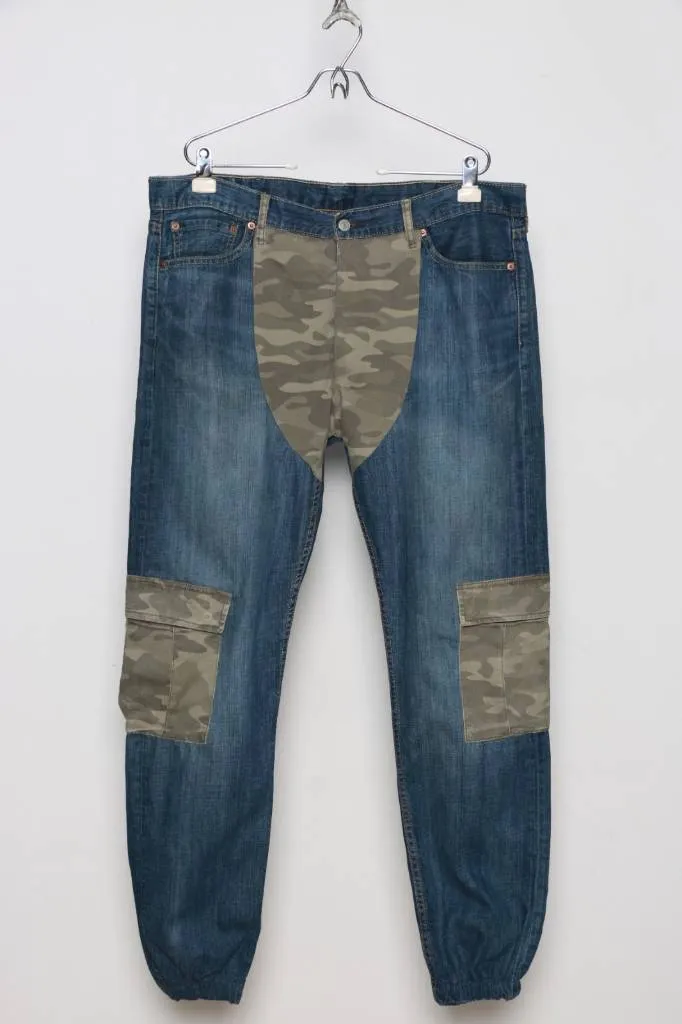 Reworked Men Camo Denim Jeans made using Vintage Lee, Levis and Wrangler Denim Pants, Style # CR989