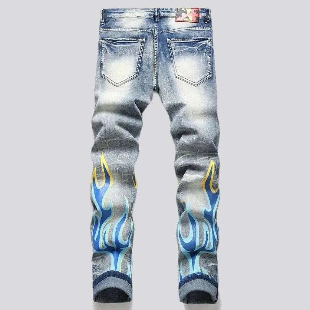 Ripped blue flame print jeans
 for men