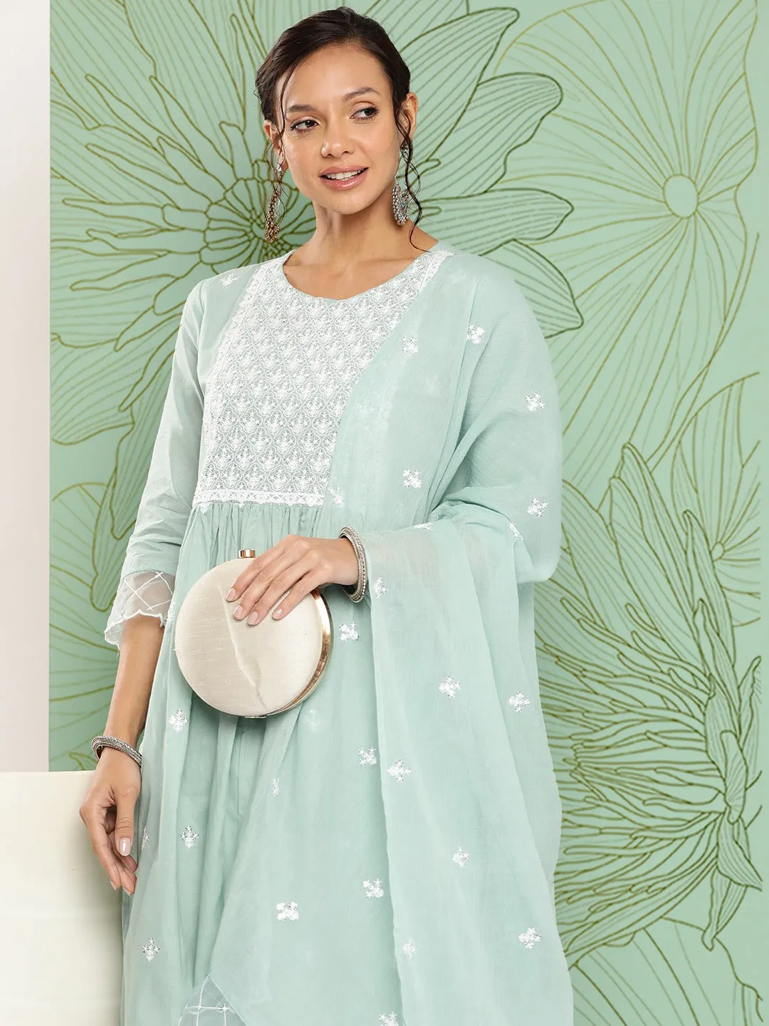 Sea Green Floral Embroidered Cotton Kurta With Dupatta Set