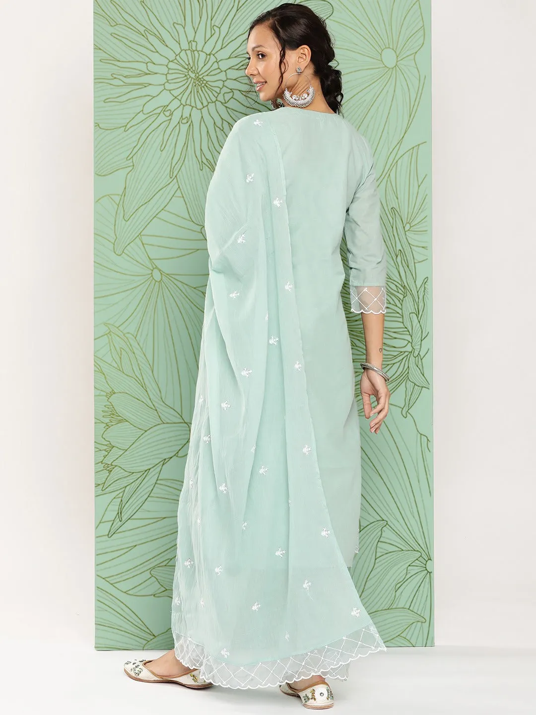 Sea Green Floral Embroidered Cotton Kurta With Dupatta Set