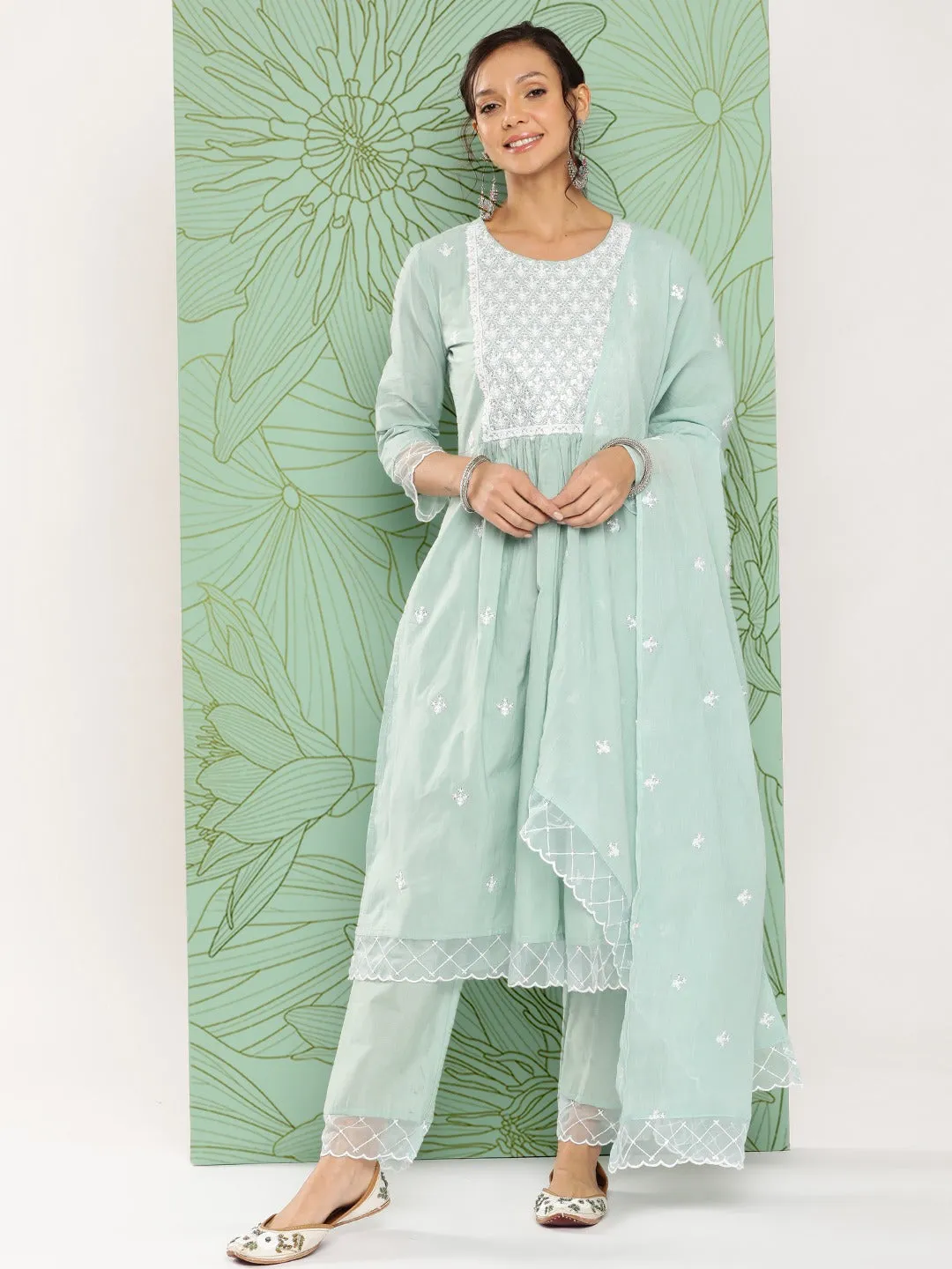 Sea Green Floral Embroidered Cotton Kurta With Dupatta Set