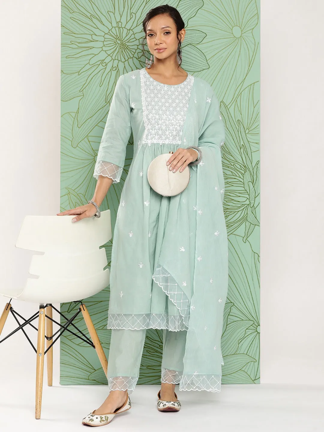 Sea Green Floral Embroidered Cotton Kurta With Dupatta Set