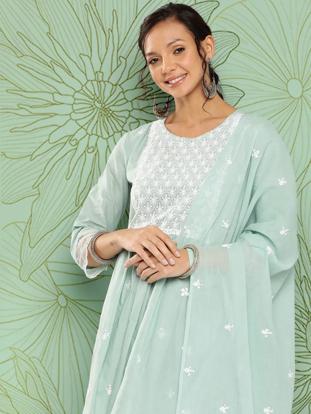 Sea Green Floral Embroidered Cotton Kurta With Dupatta Set