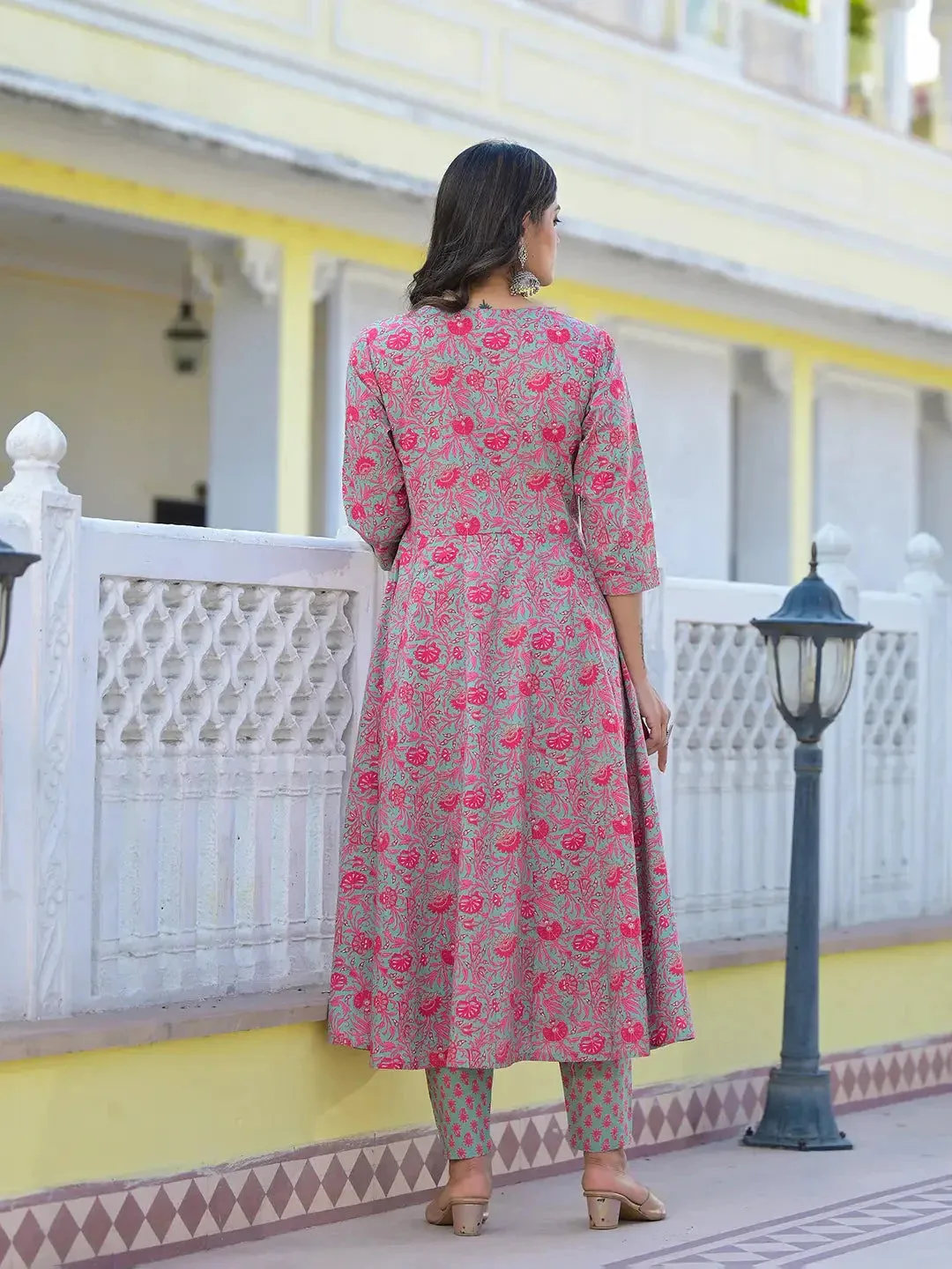 Sea Green Floral Print Anarkali Kurta Trouser And Dupatta Set