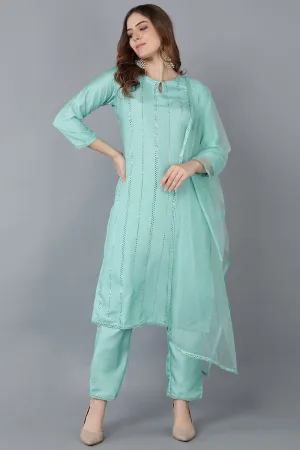 Sea Green Poly Silk Straight Suit Set