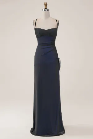 Sheath Spaghetti Straps Black Blue Maxi Dress