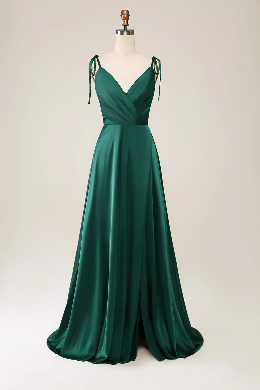 Simple Dark Green Spaghetti Straps Ruched Maxi Dress with Slit