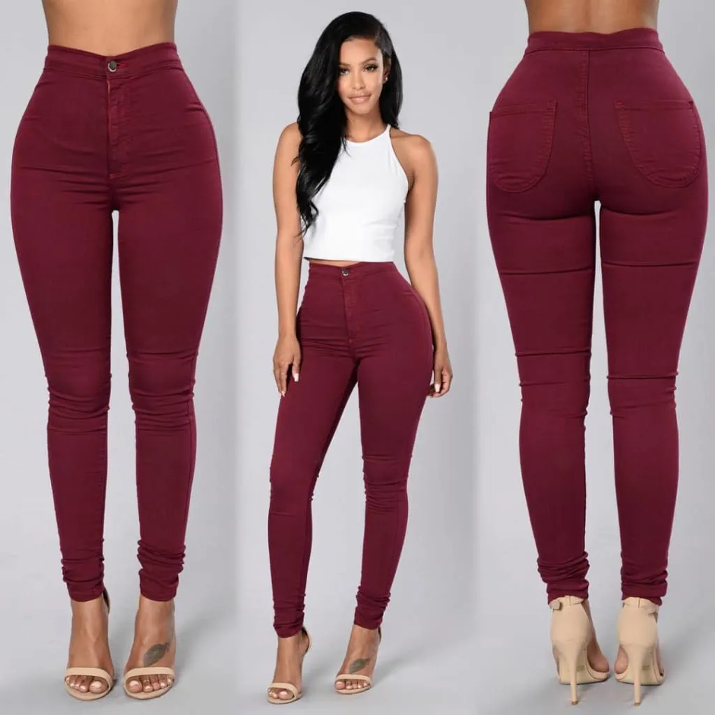 Solid Color High Waist Back Pocket Skinny Stretch Jeans