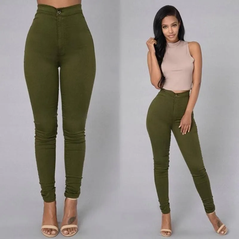 Solid Color High Waist Back Pocket Skinny Stretch Jeans